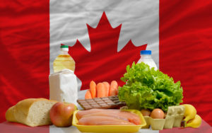 complete national flag of canada covers whole frame, waved, crunched and very natural looking. In front plan are fundamental food ingredients for consumers, symbolizing consumerism an human needs